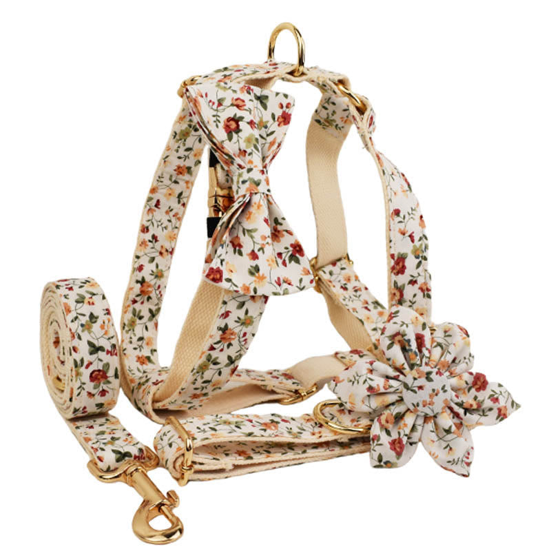 Floral Pet Adjustable Bow Tie Collar Dog Harness Leash Set