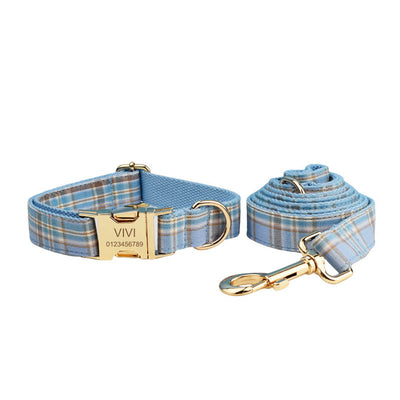 Blue Plaid Pet Adjustable Bow Tie Collar Dog Harness Leash Set