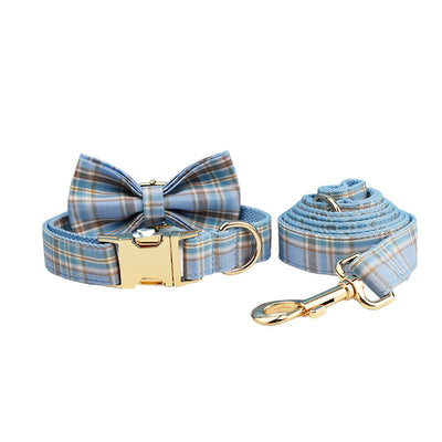 Blue Plaid Pet Adjustable Bow Tie Collar Dog Harness Leash Set