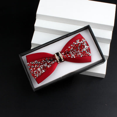 2Pcs Men's Shiny Rhinestone Bling Red Corsage Bow Tie Set