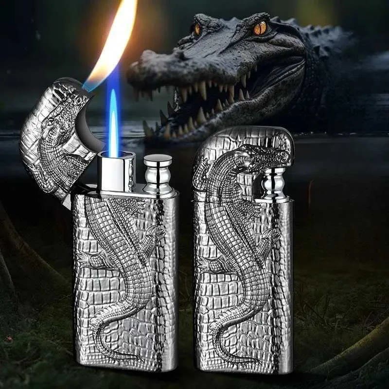 Double Flame Embossed Wild Crocodile Refillable Butane Lighter