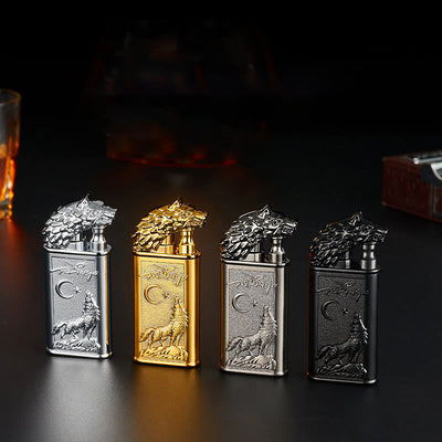 Double Flame Embossed Roaring Wolf Refillable Butane Lighter