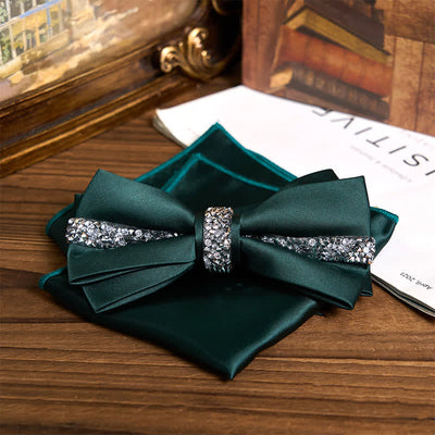 Men's Shining Rhinestone Satin Bow Tie Pocket Square Set