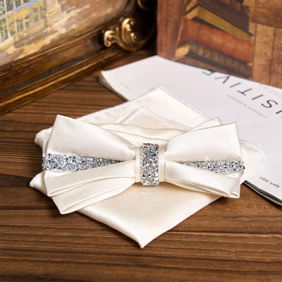 Men's Shining Rhinestone Satin Bow Tie Pocket Square Set