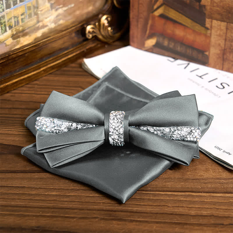 Men's Shining Rhinestone Satin Bow Tie Pocket Square Set