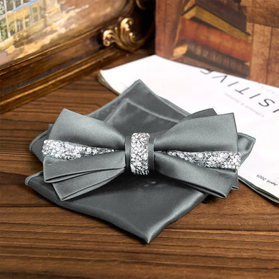 Men's Shining Rhinestone Satin Bow Tie Pocket Square Set