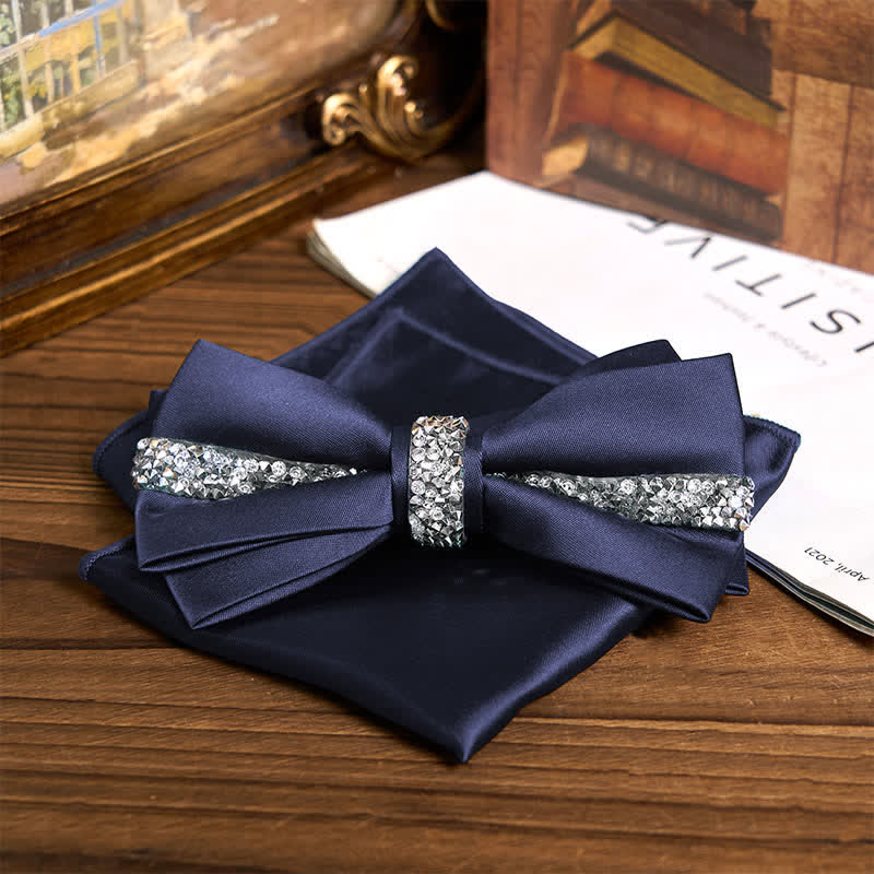 Men's Shining Rhinestone Satin Bow Tie Pocket Square Set