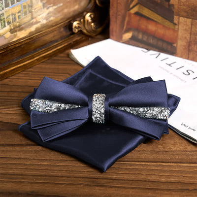 Men's Shining Rhinestone Satin Bow Tie Pocket Square Set