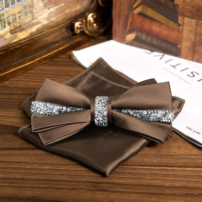 Men's Shining Rhinestone Satin Bow Tie Pocket Square Set