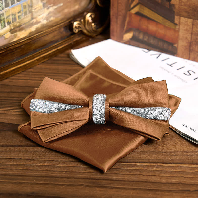 Men's Shining Rhinestone Satin Bow Tie Pocket Square Set