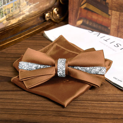 Men's Shining Rhinestone Satin Bow Tie Pocket Square Set