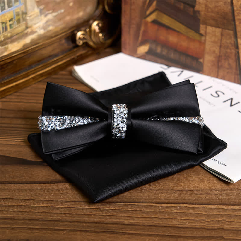Men's Shining Rhinestone Satin Bow Tie Pocket Square Set