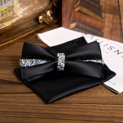 Men's Shining Rhinestone Satin Bow Tie Pocket Square Set