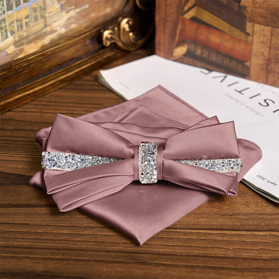 Men's Shining Rhinestone Satin Bow Tie Pocket Square Set