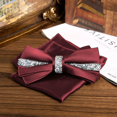 Men's Shining Rhinestone Satin Bow Tie Pocket Square Set