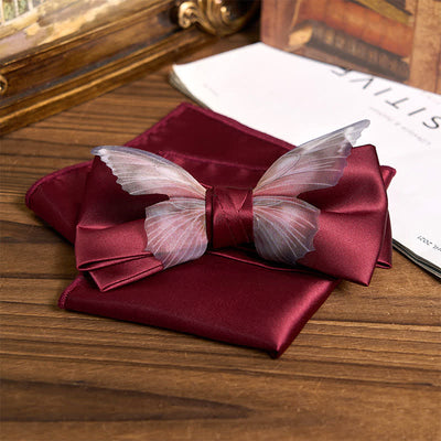 Men's Vintage Organza Butterfly Bow Tie Pocket Square Set