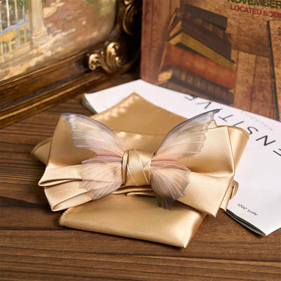 Men's Vintage Organza Butterfly Bow Tie Pocket Square Set