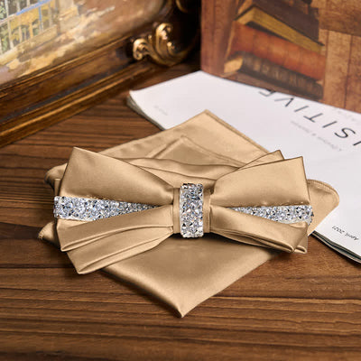 Men's Shining Rhinestone Satin Bow Tie Pocket Square Set