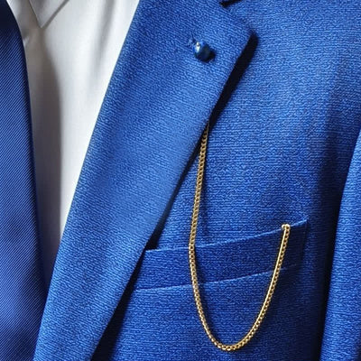 Men's 18K Gold-Plated Natural Stone Lapel Chain Suit Brooch with Hanging Chain