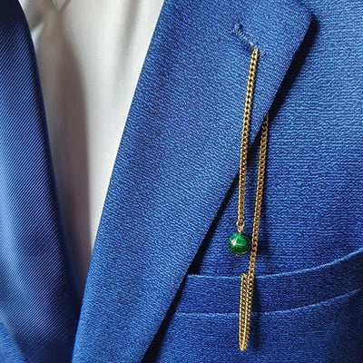 Men's 18K Gold-Plated Natural Stone Lapel Chain Suit Brooch with Hanging Chain