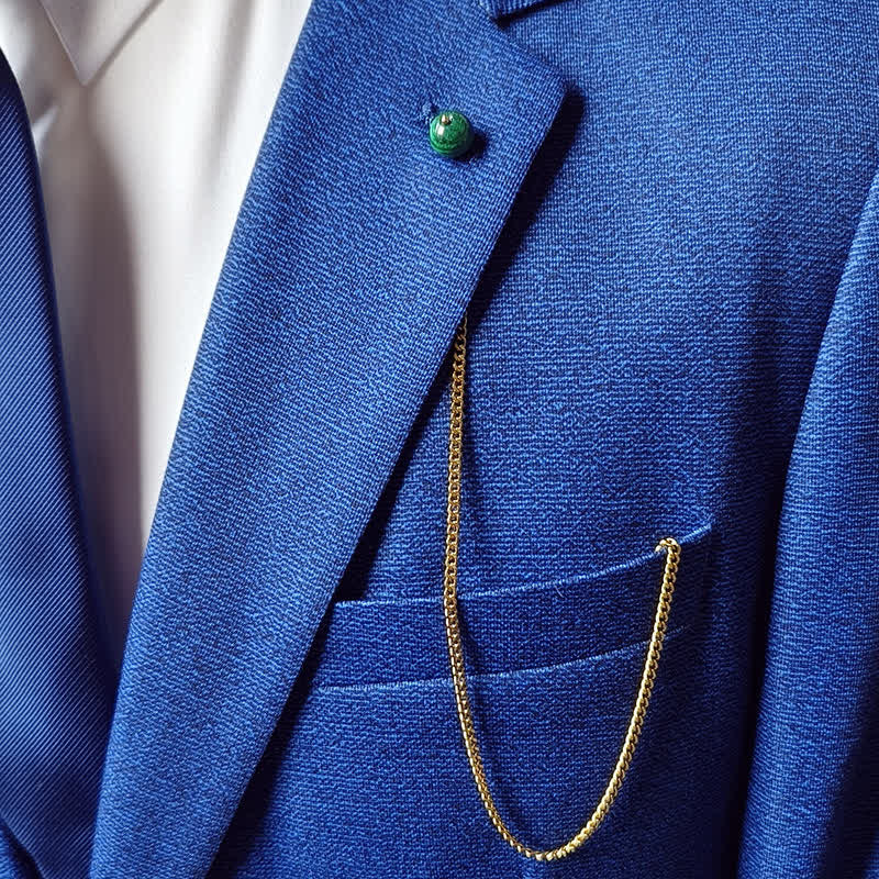 Men's 18K Gold-Plated Natural Stone Lapel Chain Suit Brooch with Hanging Chain