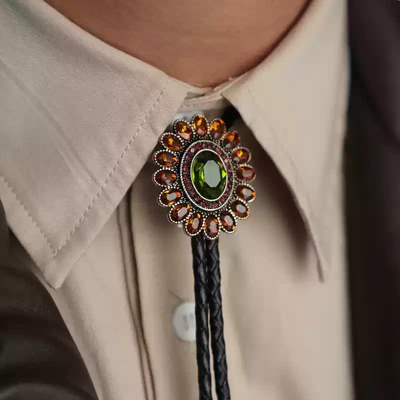 Solar Orange Green Crystal Flower Bolo Tie