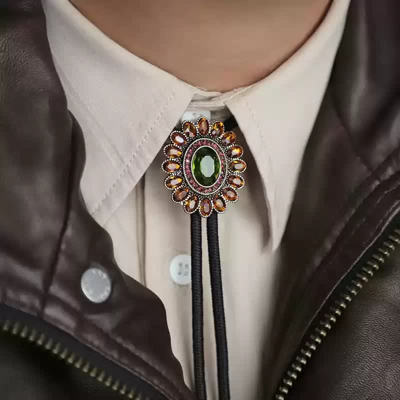 Solar Orange Green Crystal Flower Bolo Tie