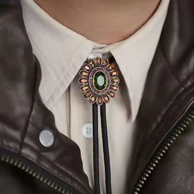 Solar Orange Green Crystal Flower Bolo Tie