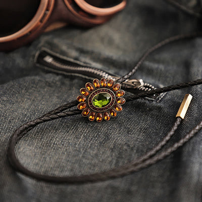 Solar Orange Green Crystal Flower Bolo Tie
