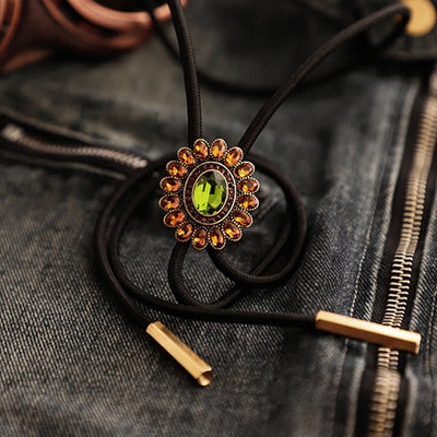 Solar Orange Green Crystal Flower Bolo Tie