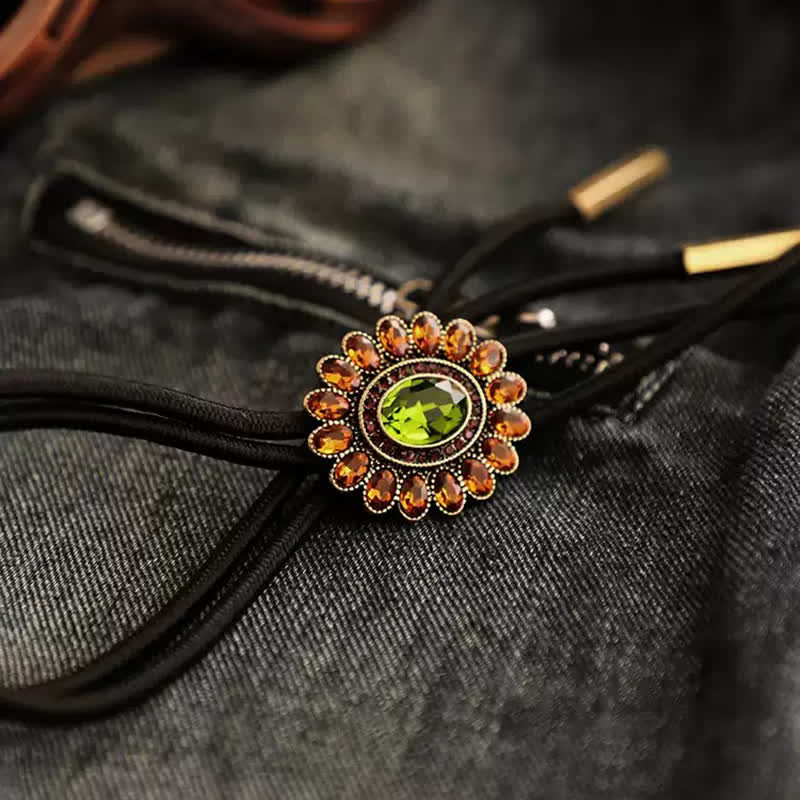 Solar Orange Green Crystal Flower Bolo Tie