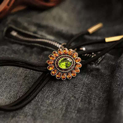 Solar Orange Green Crystal Flower Bolo Tie