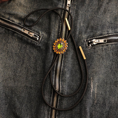 Solar Orange Green Crystal Flower Bolo Tie