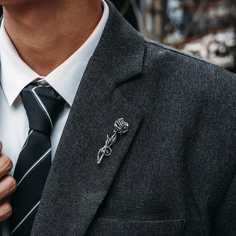 Men's Romantic Gentleman 3D Silver Rose Brooch
