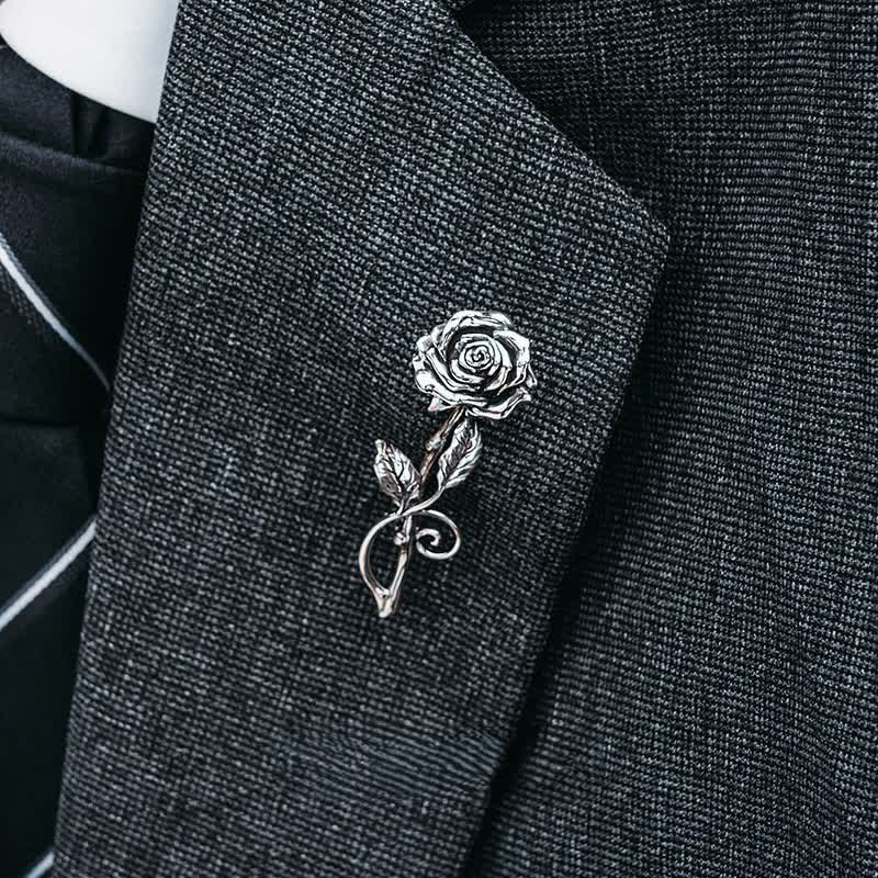 Men's Romantic Gentleman 3D Silver Rose Brooch