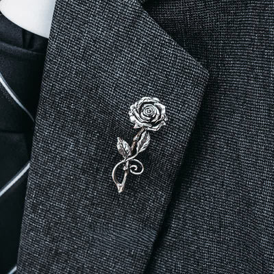 Men's Romantic Gentleman 3D Silver Rose Brooch