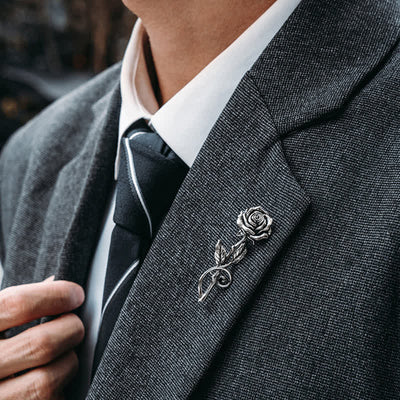 Men's Romantic Gentleman 3D Silver Rose Brooch