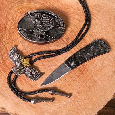 Eagle Flag DIY Hidden Knife Belt Buckle With Eagle Bolo Tie Bundle Set