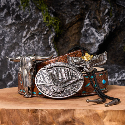 Eagle Flag DIY Hidden Knife Belt Buckle With Eagle Bolo Tie Bundle Set