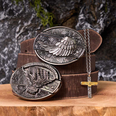 Eagle Wings DIY Hidden Knife Belt Buckle With Eagle Cross Necklace Bundle Set