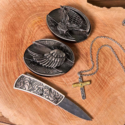 Eagle Wings DIY Hidden Knife Belt Buckle With Eagle Cross Necklace Bundle Set