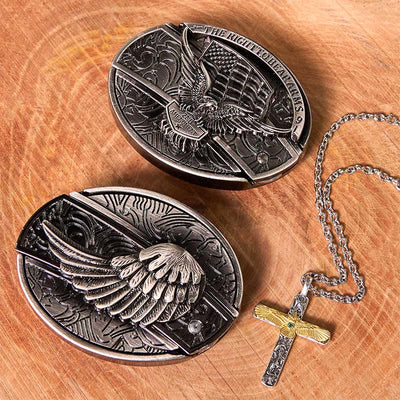 Eagle Wings DIY Hidden Knife Belt Buckle With Eagle Cross Necklace Bundle Set