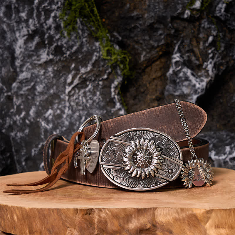 Western Sunflower DIY Hidden Knife Belt Buckle Necklace Keychain Bundle Set