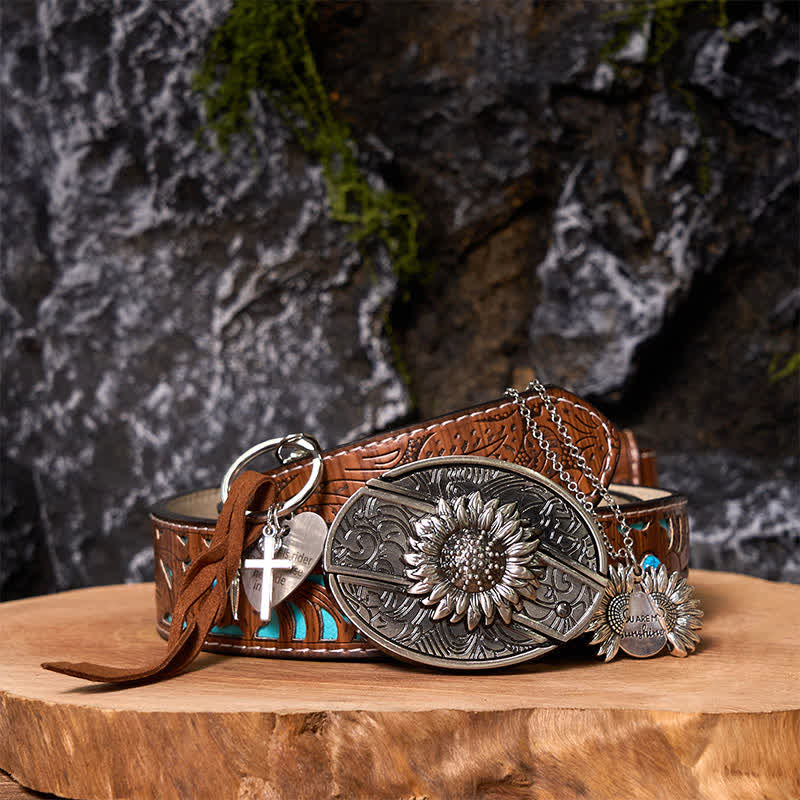 Western Sunflower DIY Hidden Knife Belt Buckle Necklace Keychain Bundle Set