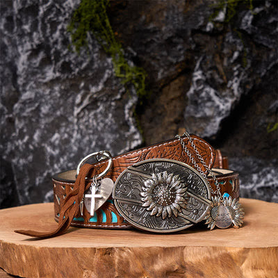 Western Sunflower DIY Hidden Knife Belt Buckle Necklace Keychain Bundle Set