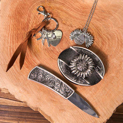 Western Sunflower DIY Hidden Knife Belt Buckle Necklace Keychain Bundle Set