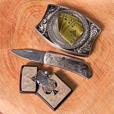 Poker Ace DIY Hidden Knife Belt Buckle Black Ice Lighter Bundle Set
