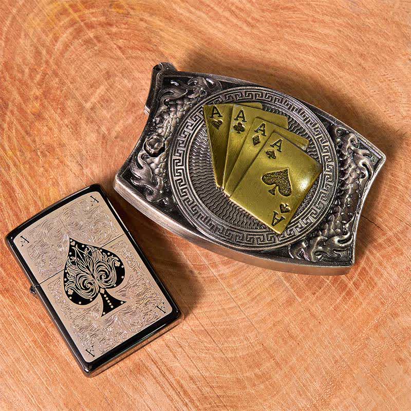 Poker Ace DIY Hidden Knife Belt Buckle Black Ice Lighter Bundle Set