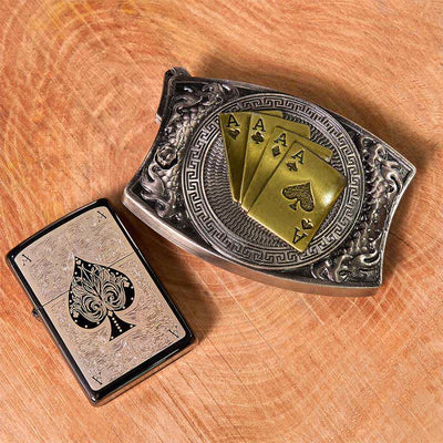 Poker Ace DIY Hidden Knife Belt Buckle Black Ice Lighter Bundle Set