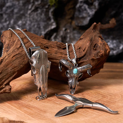 Longhorn Bull Pendant Turquoise Ram Horn Head Necklace Bundle Set